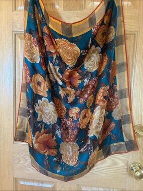 Vera Studio Floral Teal and Gold Women's Scarf. 31” square.